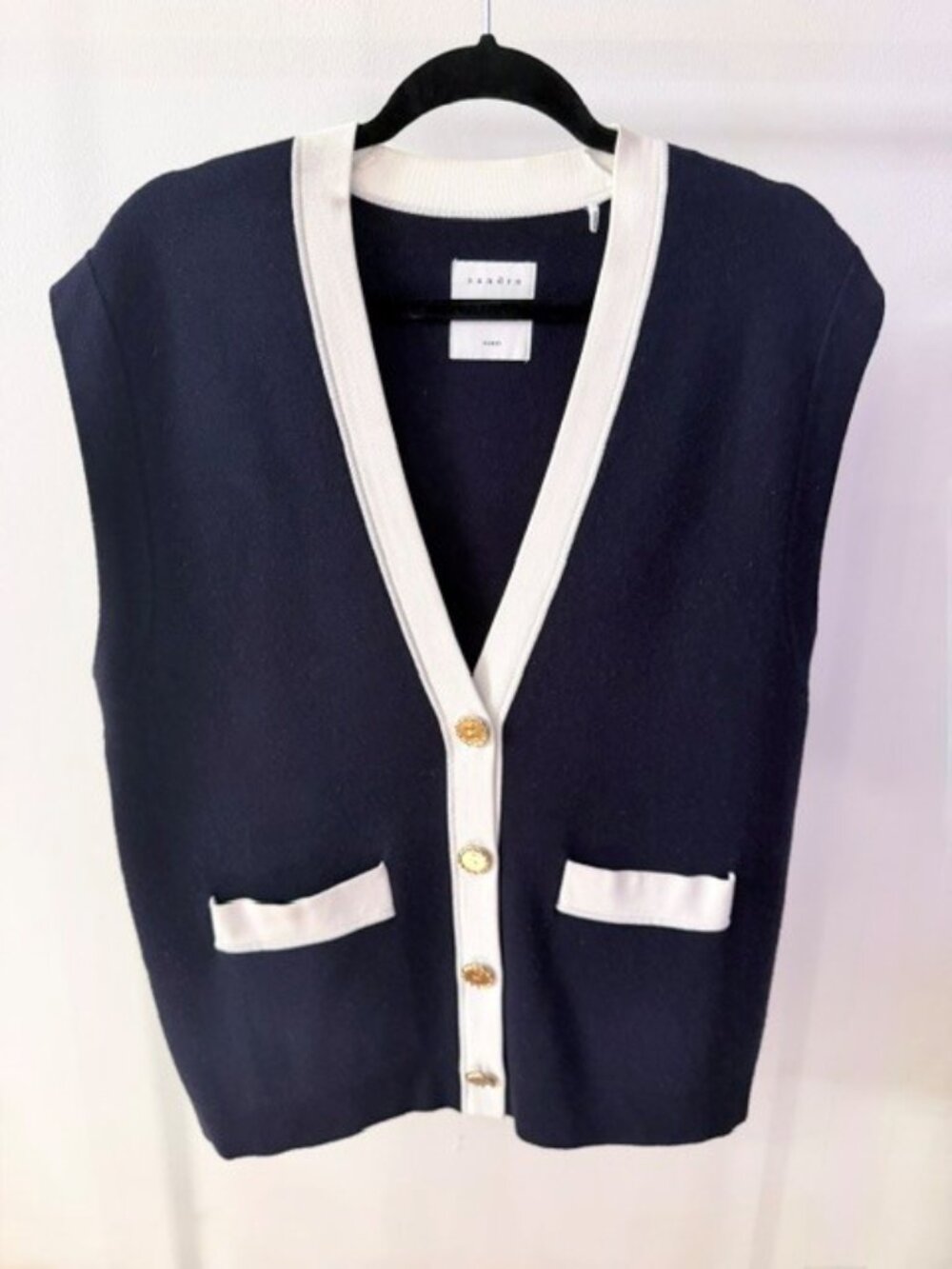 Sandro Navy and White V-Neck Buttoned Vest Cardigan - Picture 3 of 6